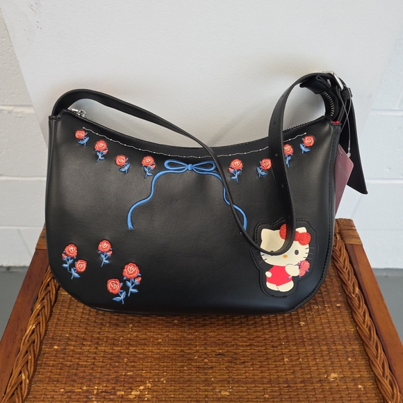 Sanrio Hello Kitty Black  Shoulder Bag W/ Embroidered Roses NWT - Picture 1 of 7